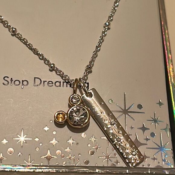 Disney Never Stop Dreaming Two Tone Clear Crystal Charm Necklace Silver Plated - Picture 2 of 9